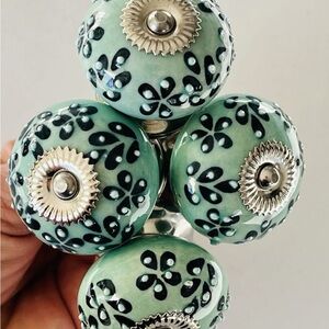 Decorative Aqua Green and Navy Ceramic Cabinet/Drawer Knobs Set Of 4